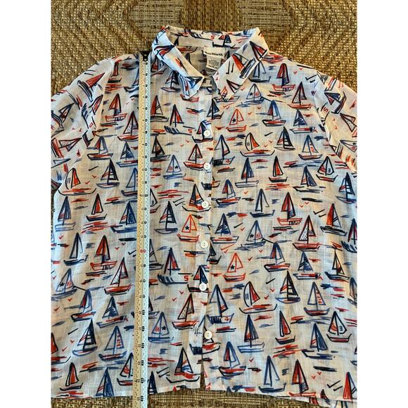 Bon Worth Red white blue sailing theme short sleeve blouse SZ Petite Large - Picture 7 of 8